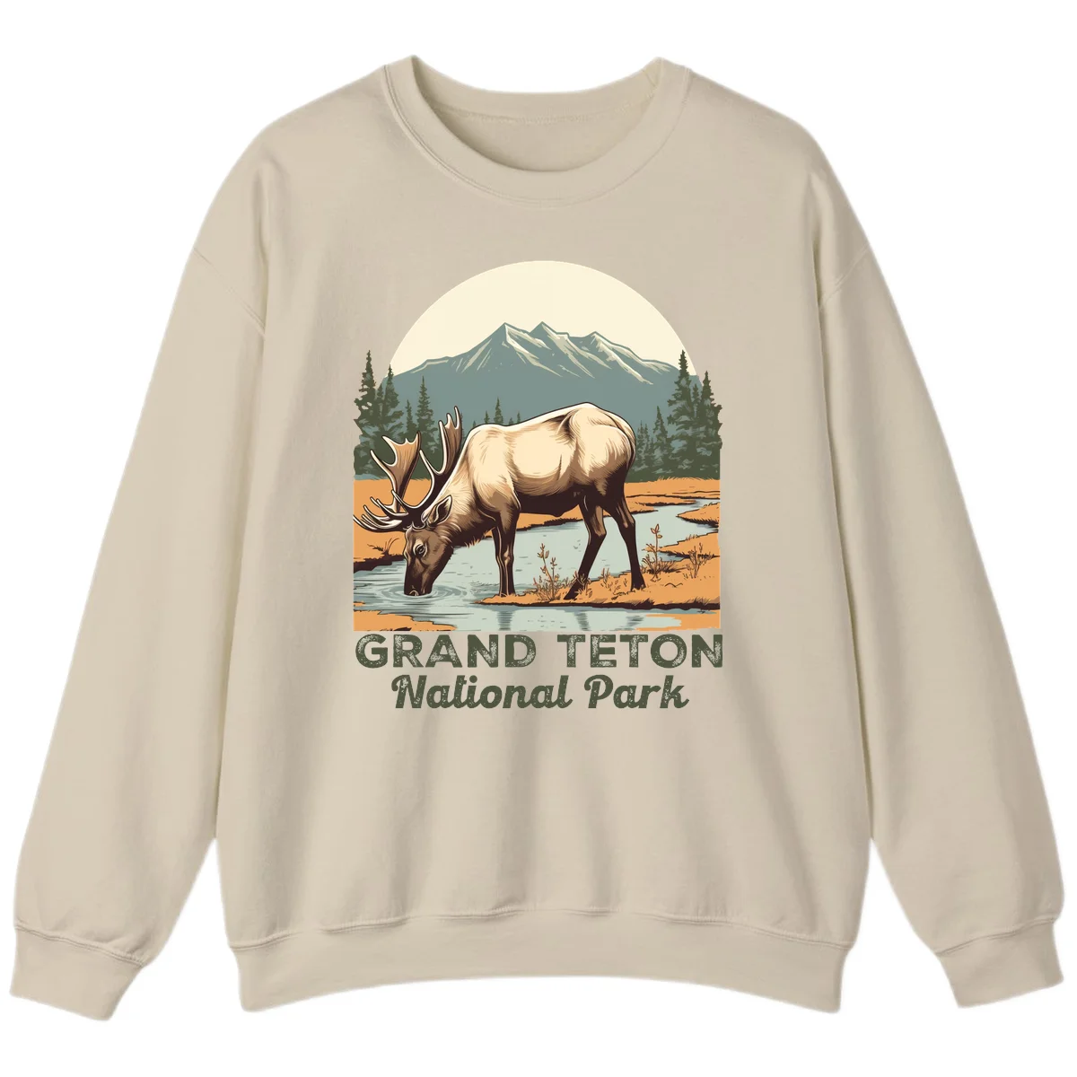 Vintage poster-style illustration of an elk drinking from a stream with Grand Teton mountains and forest in background in Sand