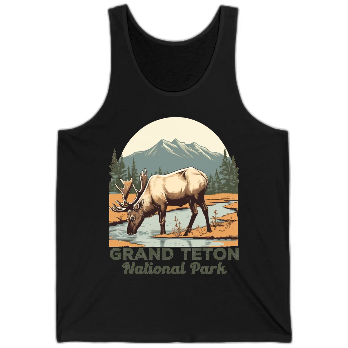 Vintage poster-style illustration of an elk drinking from a stream with Grand Teton mountains and forest in background in Black