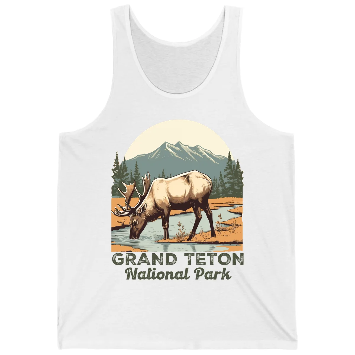 Vintage poster-style illustration of an elk drinking from a stream with Grand Teton mountains and forest in background in White