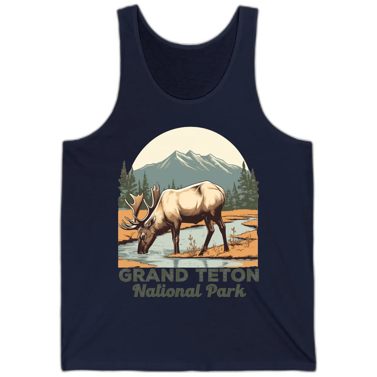 Vintage poster-style illustration of an elk drinking from a stream with Grand Teton mountains and forest in background in Navy