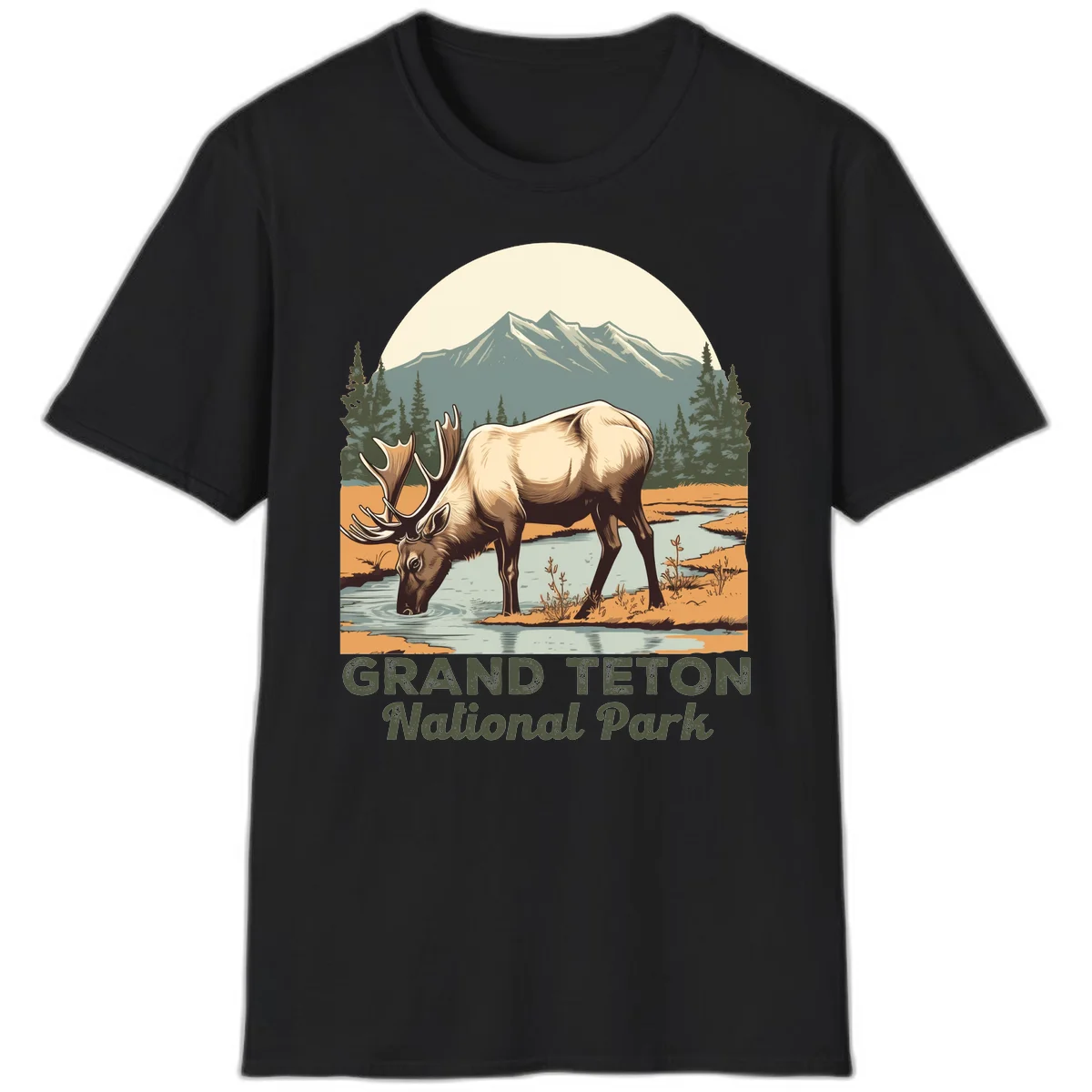 Vintage poster-style illustration of an elk drinking from a stream with Grand Teton mountains and forest in background in Black