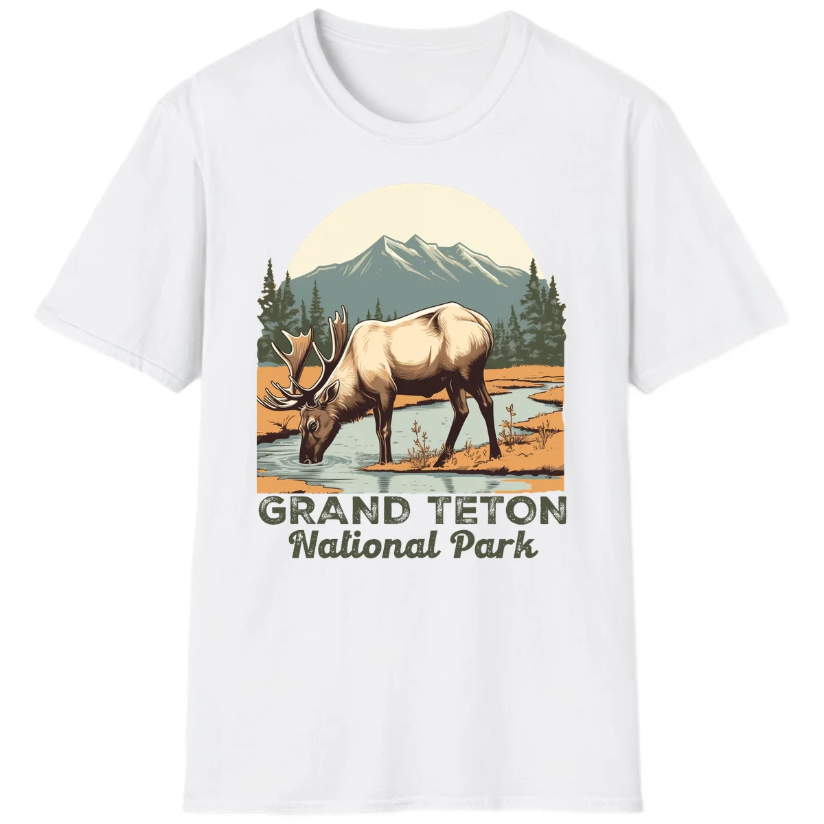 Vintage poster-style illustration of an elk drinking from a stream with Grand Teton mountains and forest in background in White