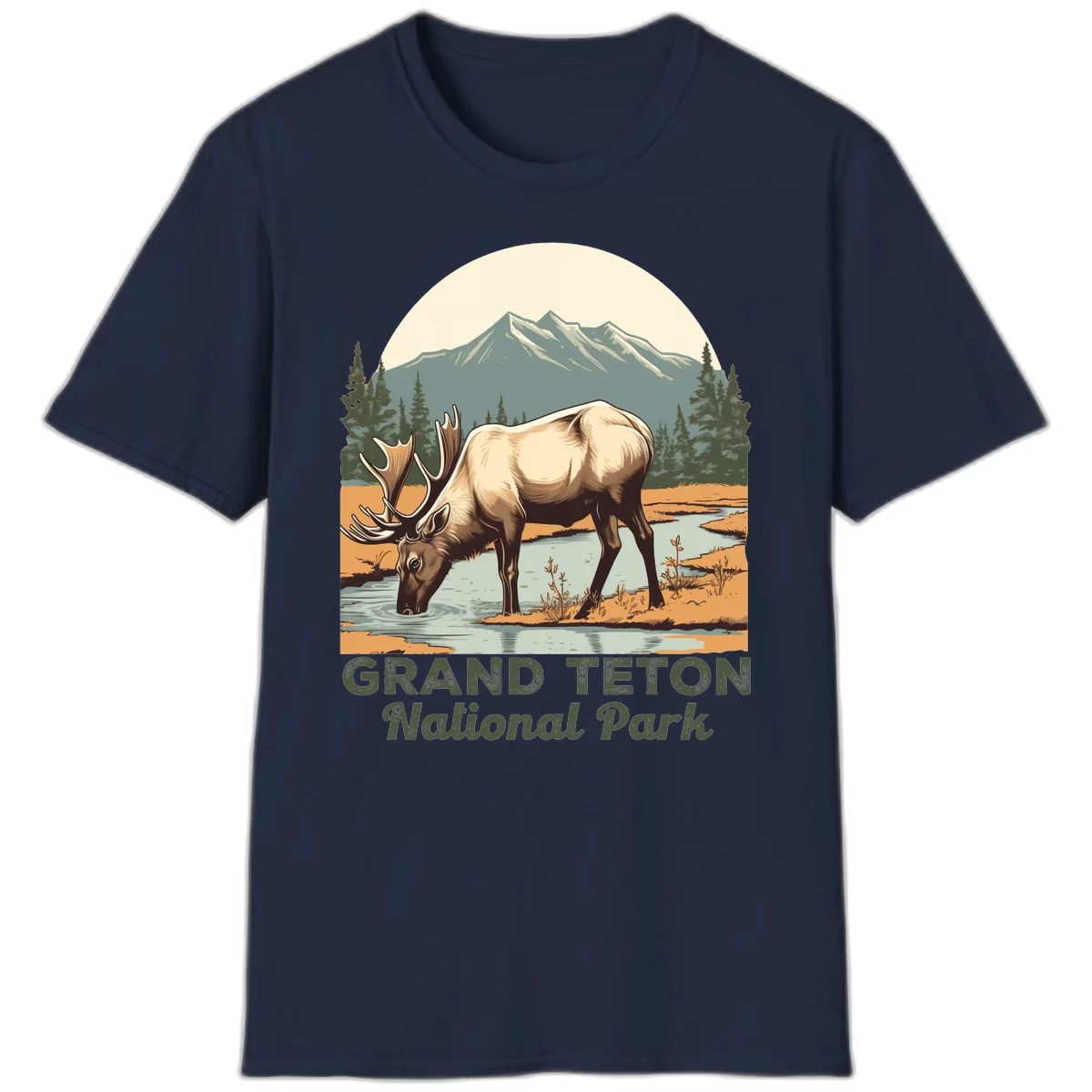 Vintage poster-style illustration of an elk drinking from a stream with Grand Teton mountains and forest in background in Navy