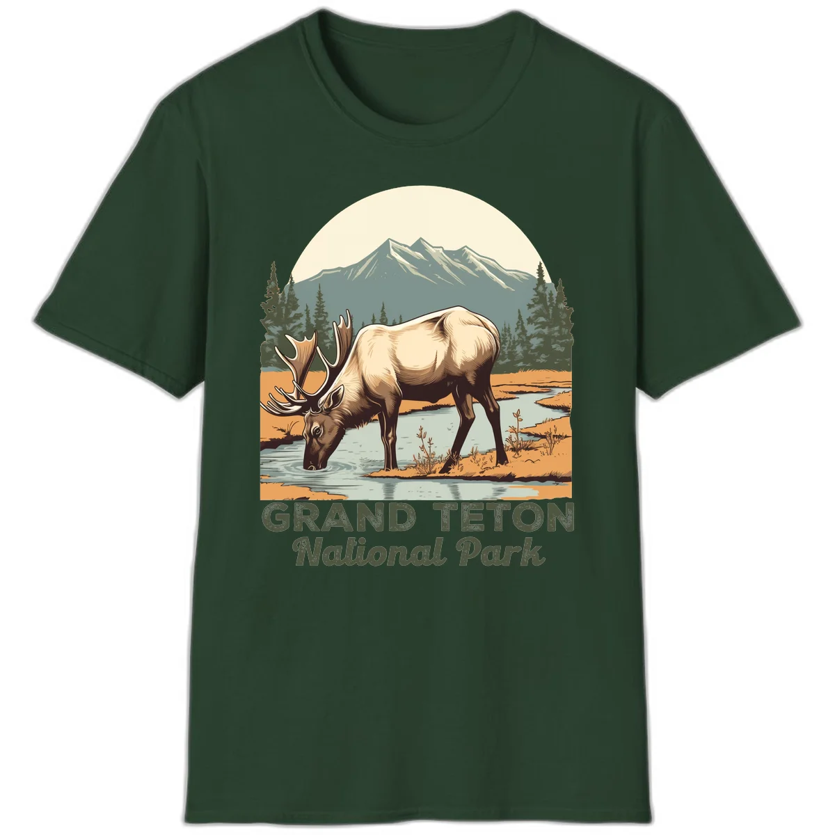 Vintage poster-style illustration of an elk drinking from a stream with Grand Teton mountains and forest in background in Forest Green