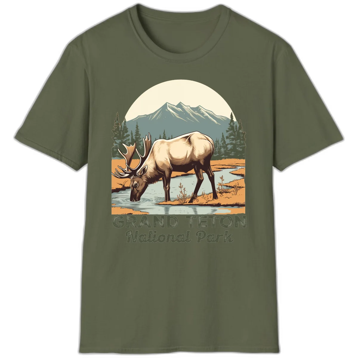 Vintage poster-style illustration of an elk drinking from a stream with Grand Teton mountains and forest in background in Military Green