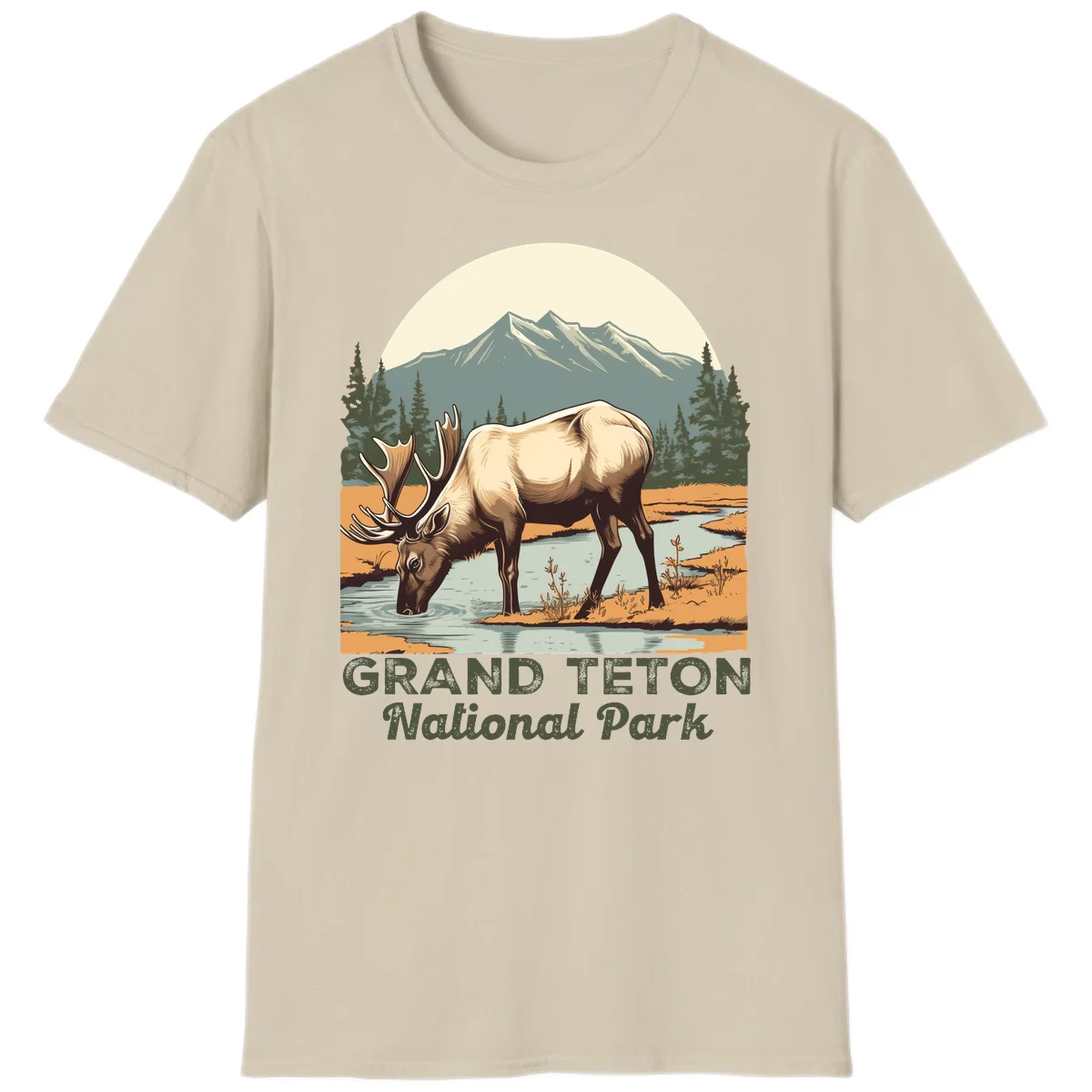Vintage poster-style illustration of an elk drinking from a stream with Grand Teton mountains and forest in background in Sand
