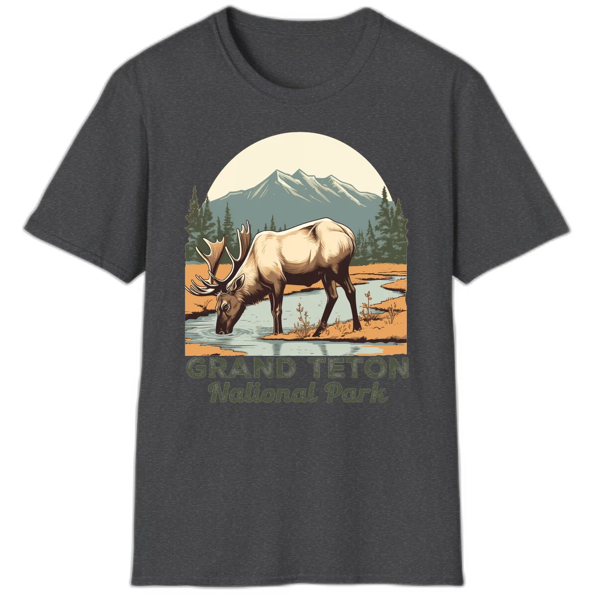 Vintage poster-style illustration of an elk drinking from a stream with Grand Teton mountains and forest in background in Dark Heather