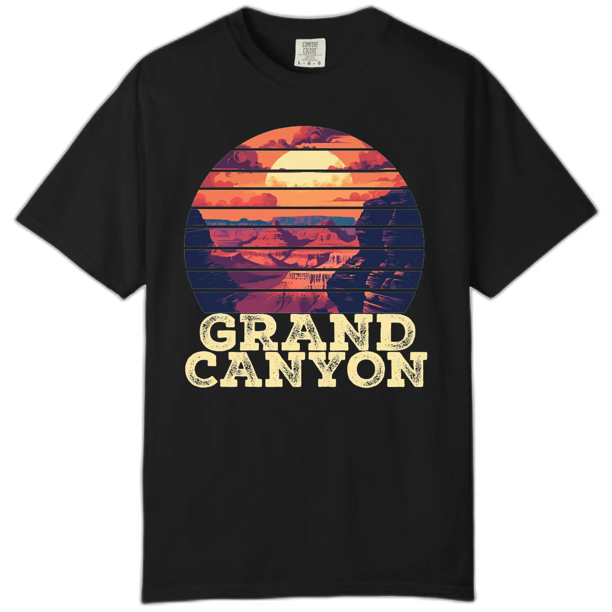 Grand Canyon sunset landscape in horizontal stripes with warm orange and red tones fading to dark blue, featuring distressed GRAND CANYON text in Black