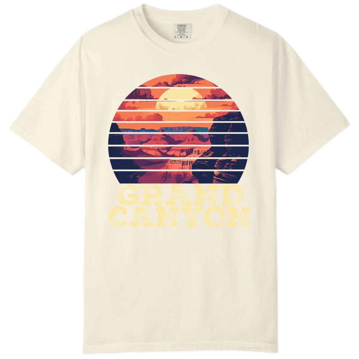 Grand Canyon sunset landscape in horizontal stripes with warm orange and red tones fading to dark blue, featuring distressed GRAND CANYON text in Ivory