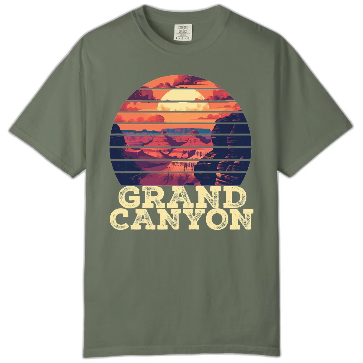 Grand Canyon sunset landscape in horizontal stripes with warm orange and red tones fading to dark blue, featuring distressed GRAND CANYON text in Moss