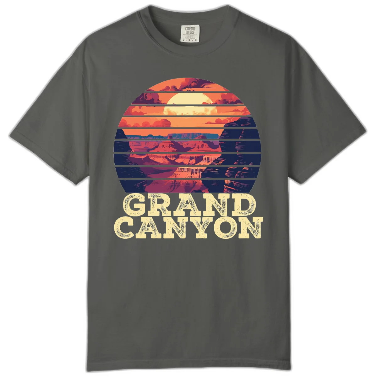Grand Canyon sunset landscape in horizontal stripes with warm orange and red tones fading to dark blue, featuring distressed GRAND CANYON text in Pepper