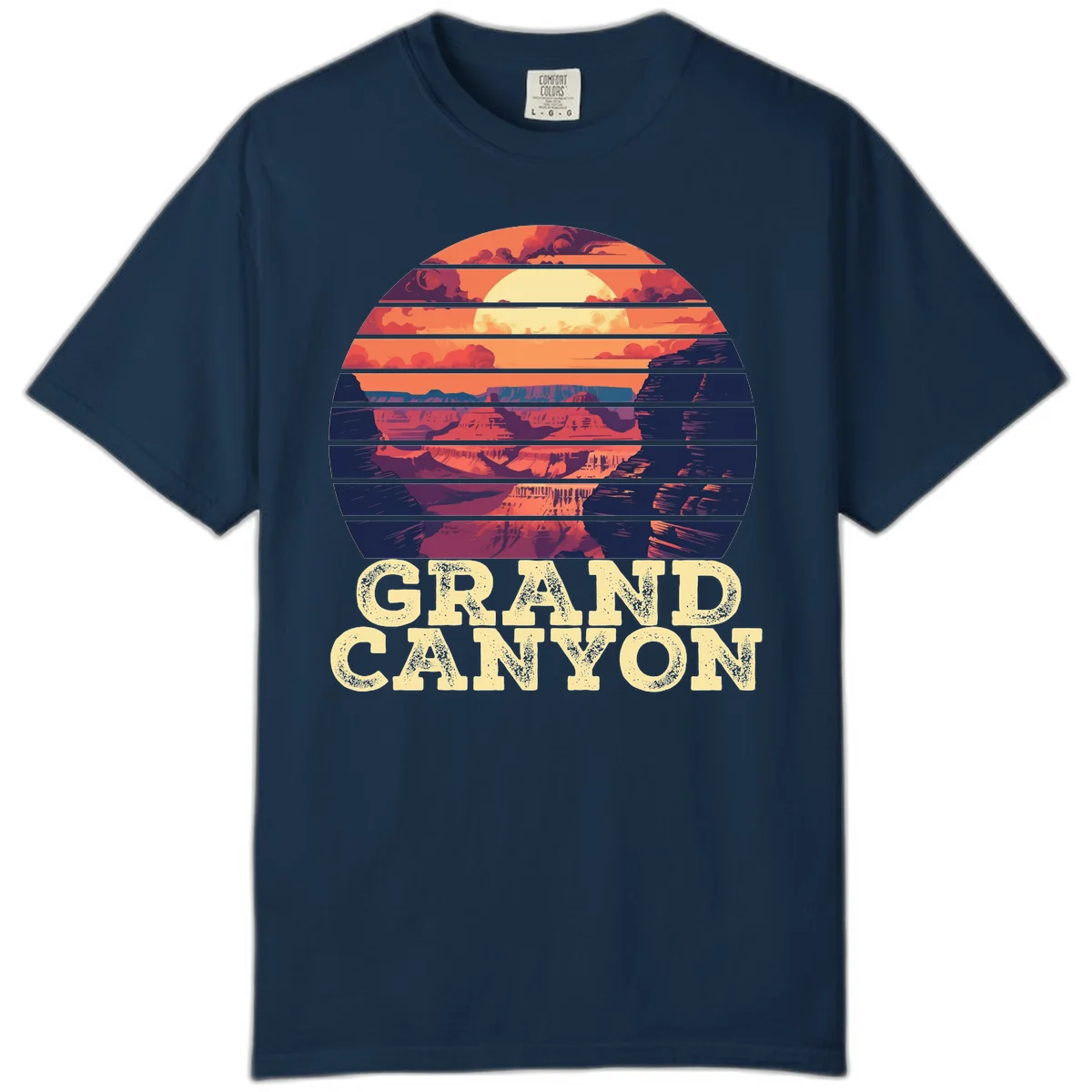 Grand Canyon sunset landscape in horizontal stripes with warm orange and red tones fading to dark blue, featuring distressed GRAND CANYON text in True Navy