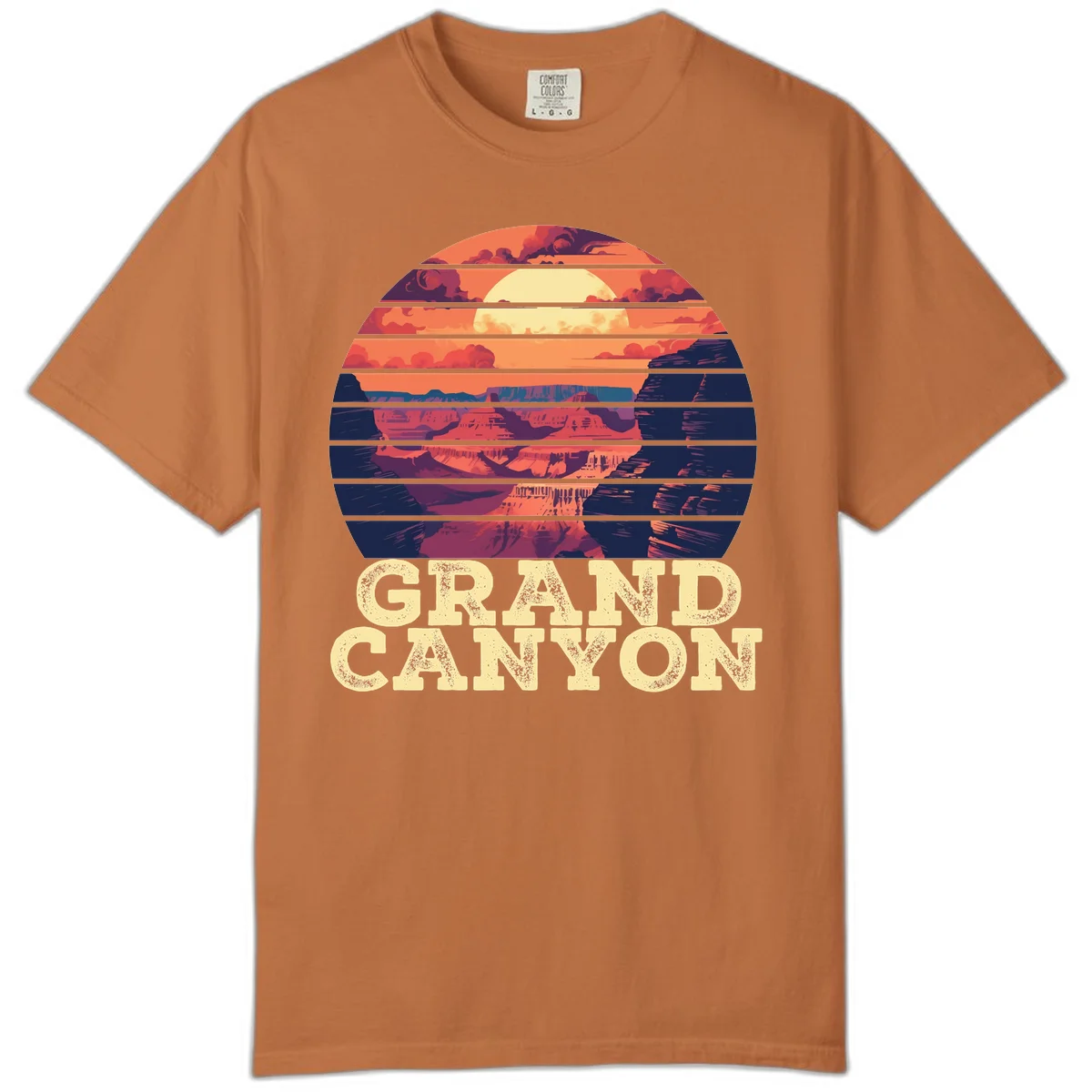 Grand Canyon sunset landscape in horizontal stripes with warm orange and red tones fading to dark blue, featuring distressed GRAND CANYON text in Yam