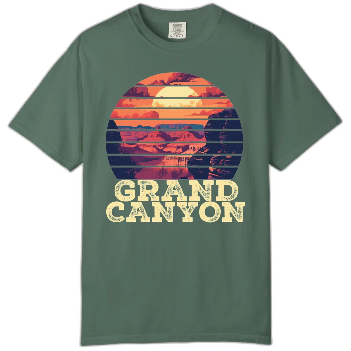 Grand Canyon sunset landscape in horizontal stripes with warm orange and red tones fading to dark blue, featuring distressed GRAND CANYON text in Blue Spruce