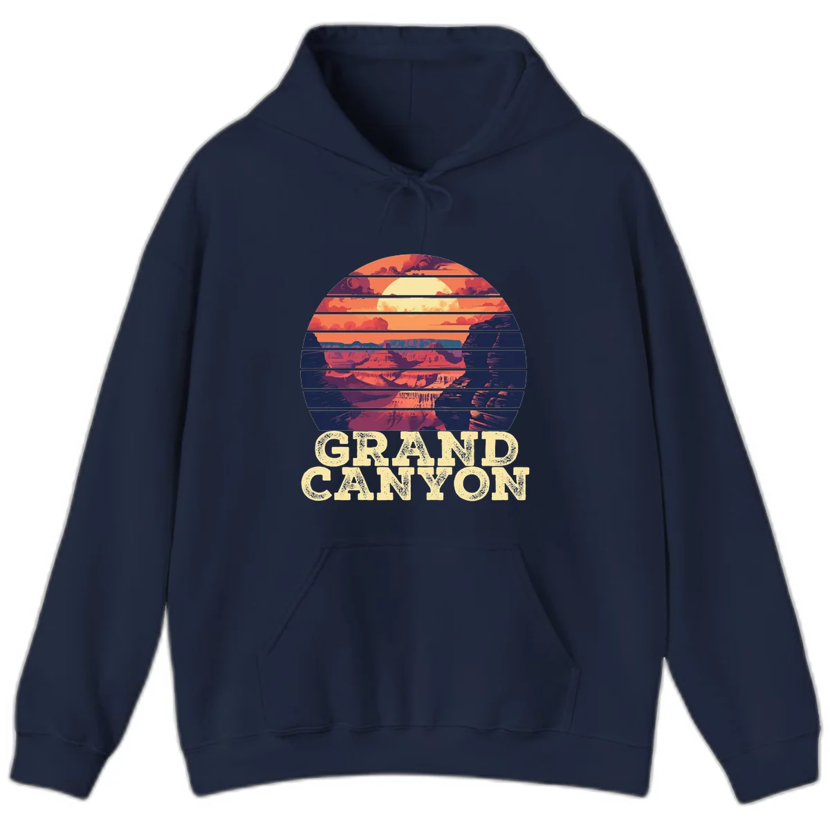 Grand Canyon sunset landscape in horizontal stripes with warm orange and red tones fading to dark blue, featuring distressed GRAND CANYON text in Navy