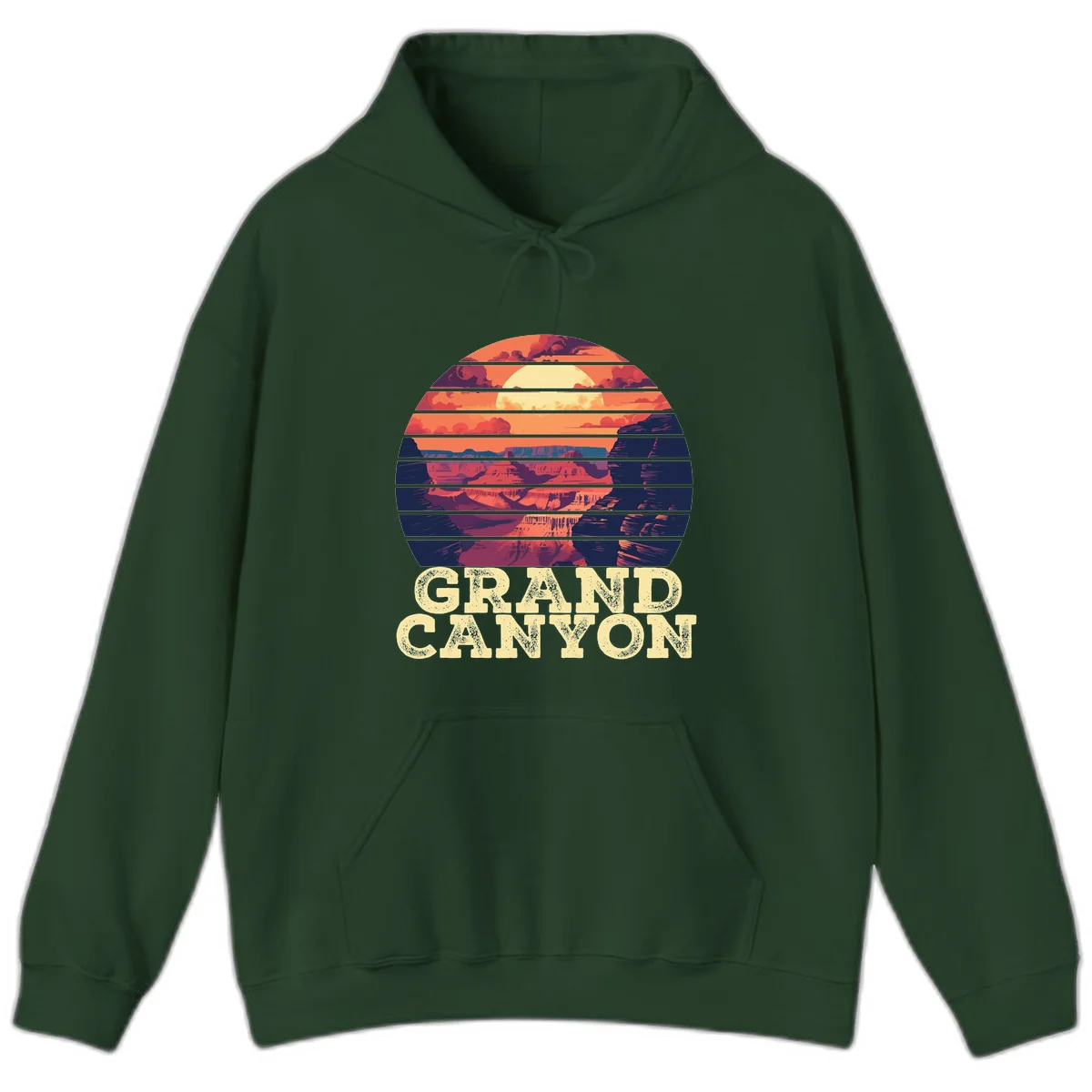 Grand Canyon sunset landscape in horizontal stripes with warm orange and red tones fading to dark blue, featuring distressed GRAND CANYON text in Forest Green