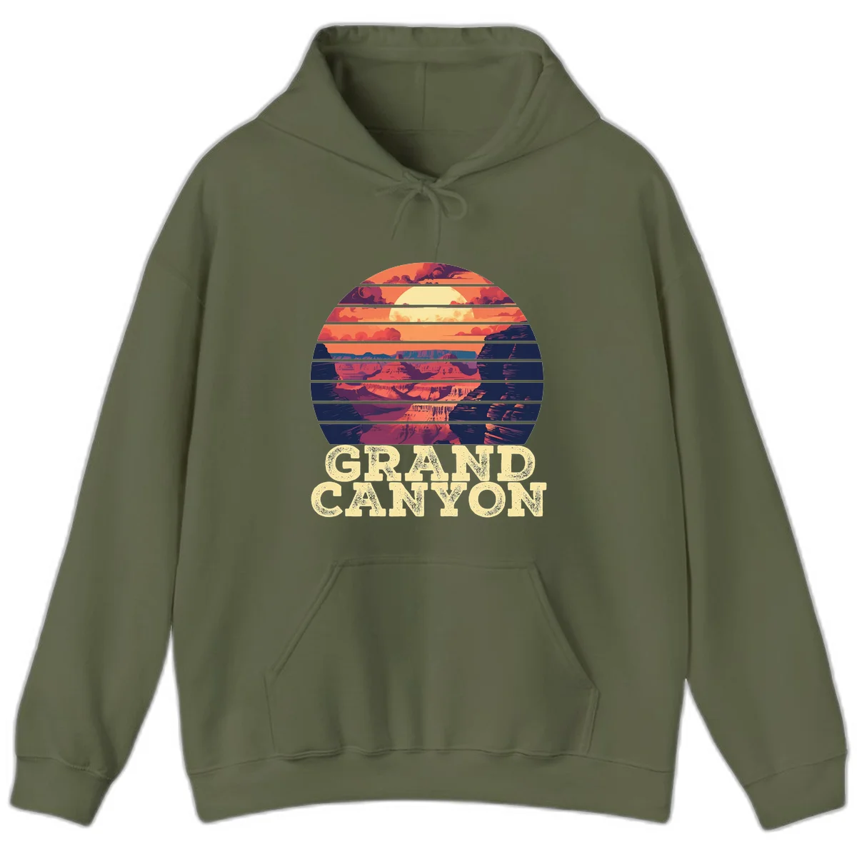Grand Canyon sunset landscape in horizontal stripes with warm orange and red tones fading to dark blue, featuring distressed GRAND CANYON text in Military Green