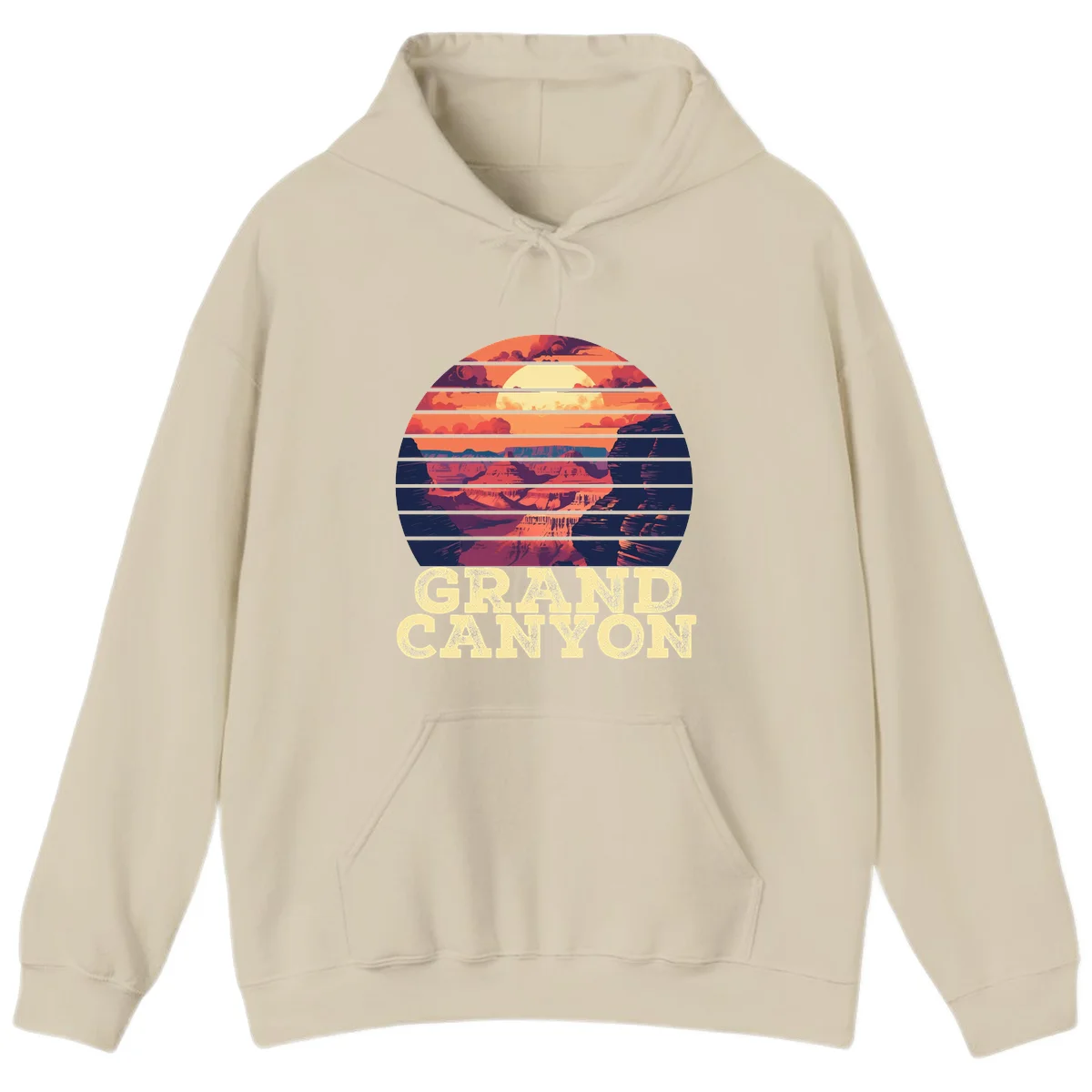 Grand Canyon sunset landscape in horizontal stripes with warm orange and red tones fading to dark blue, featuring distressed GRAND CANYON text in Sand
