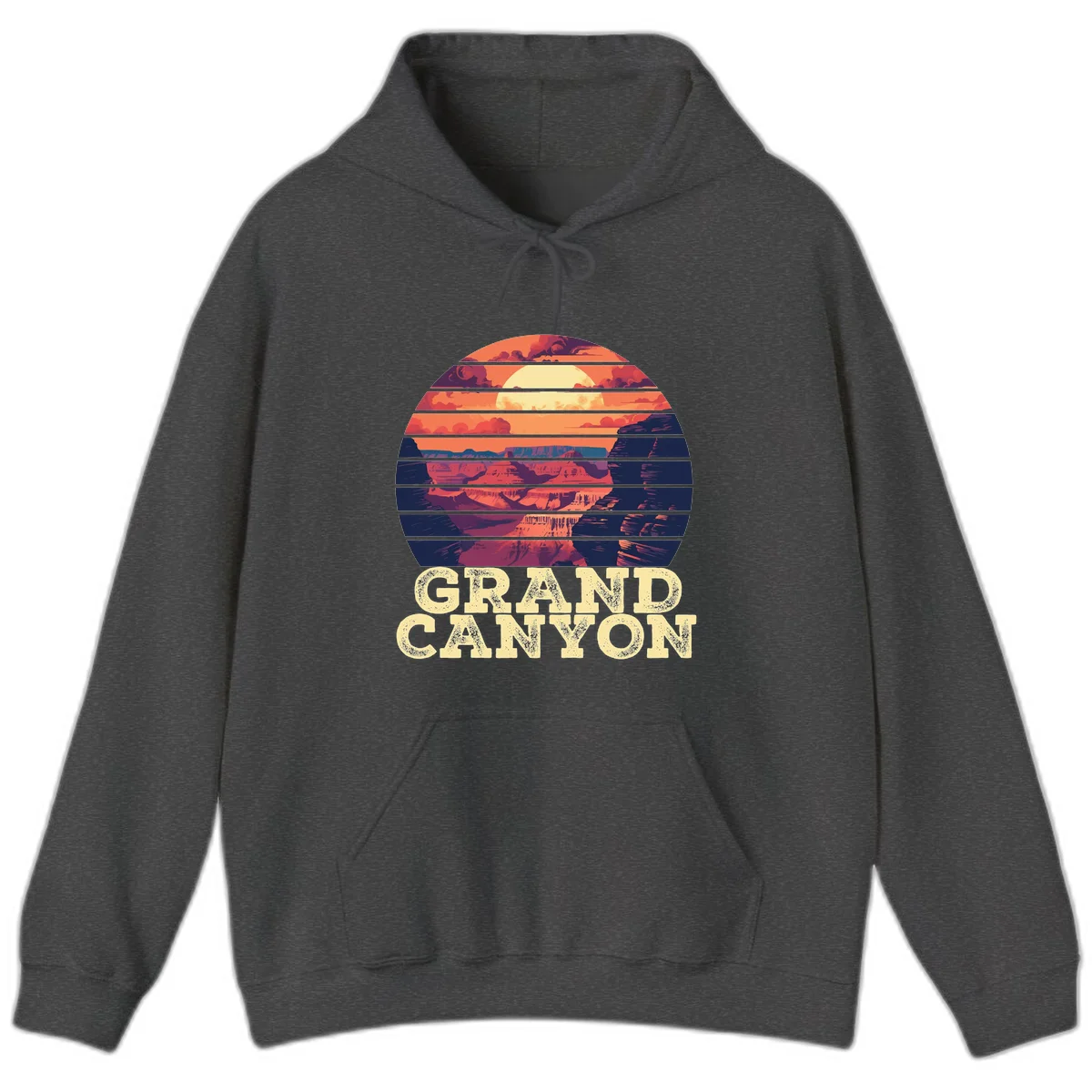 Grand Canyon sunset landscape in horizontal stripes with warm orange and red tones fading to dark blue, featuring distressed GRAND CANYON text in Dark Heather