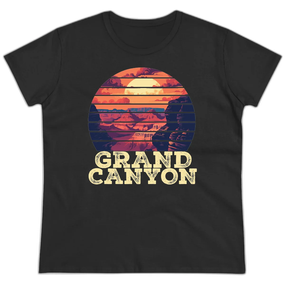 Grand Canyon sunset landscape in horizontal stripes with warm orange and red tones fading to dark blue, featuring distressed GRAND CANYON text in Black