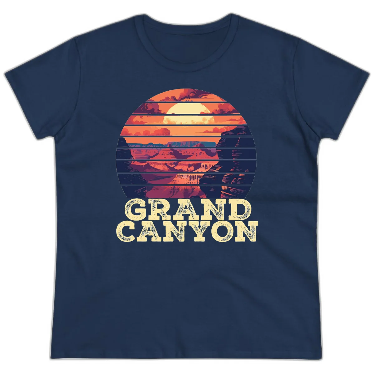 Grand Canyon sunset landscape in horizontal stripes with warm orange and red tones fading to dark blue, featuring distressed GRAND CANYON text in Navy