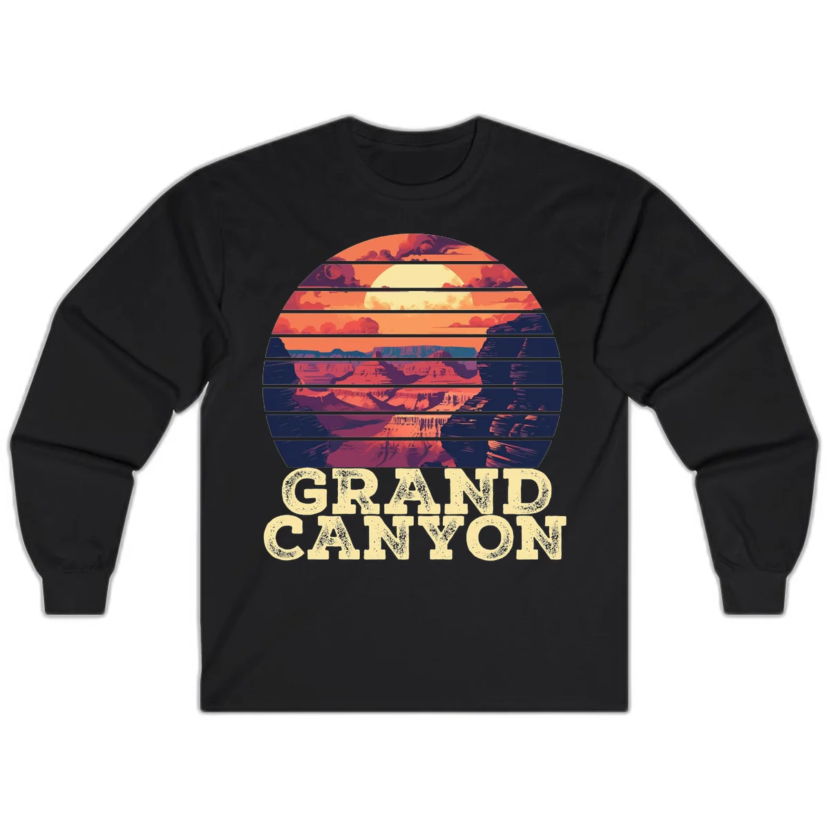 Grand Canyon sunset landscape in horizontal stripes with warm orange and red tones fading to dark blue, featuring distressed GRAND CANYON text in Black