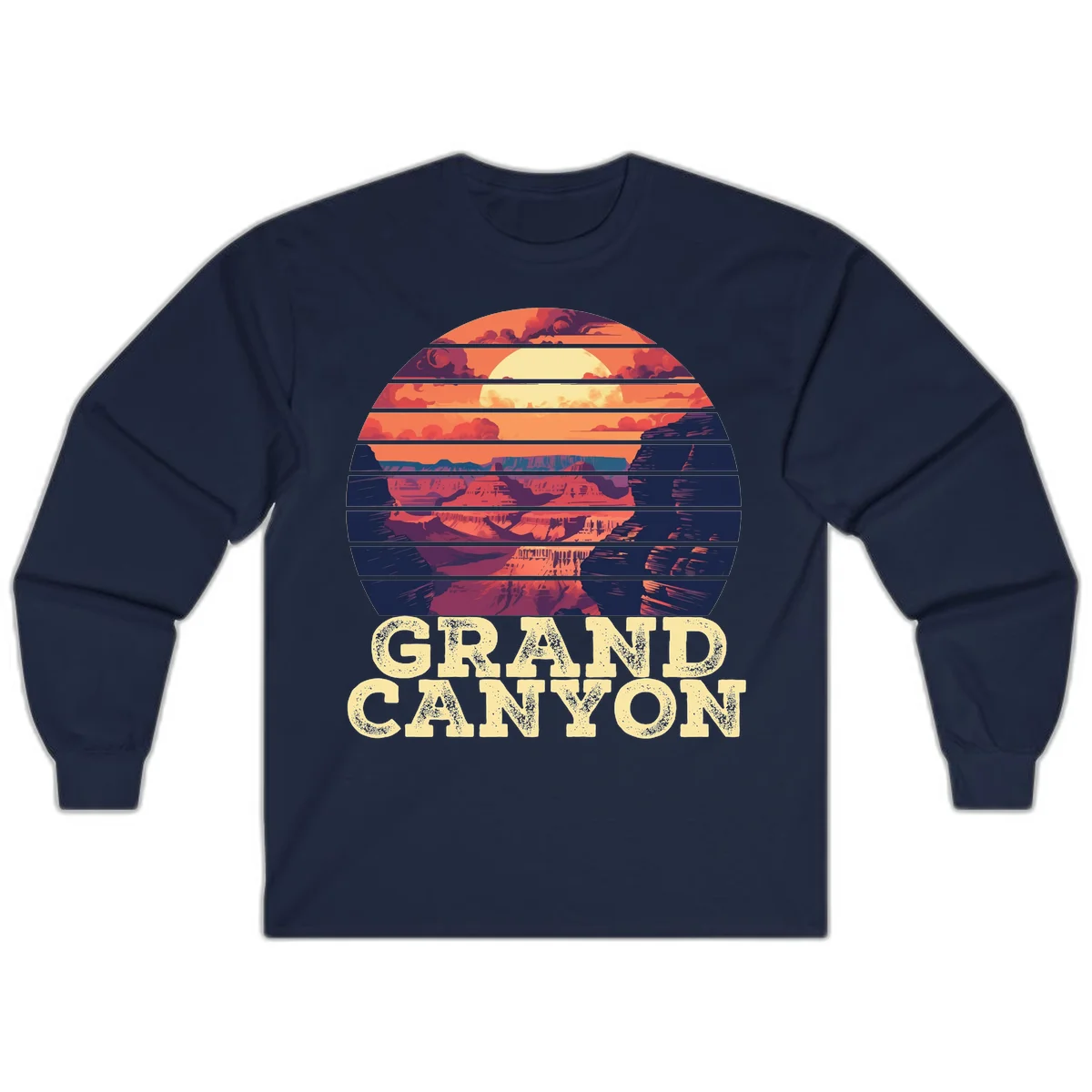 Grand Canyon sunset landscape in horizontal stripes with warm orange and red tones fading to dark blue, featuring distressed GRAND CANYON text in Navy