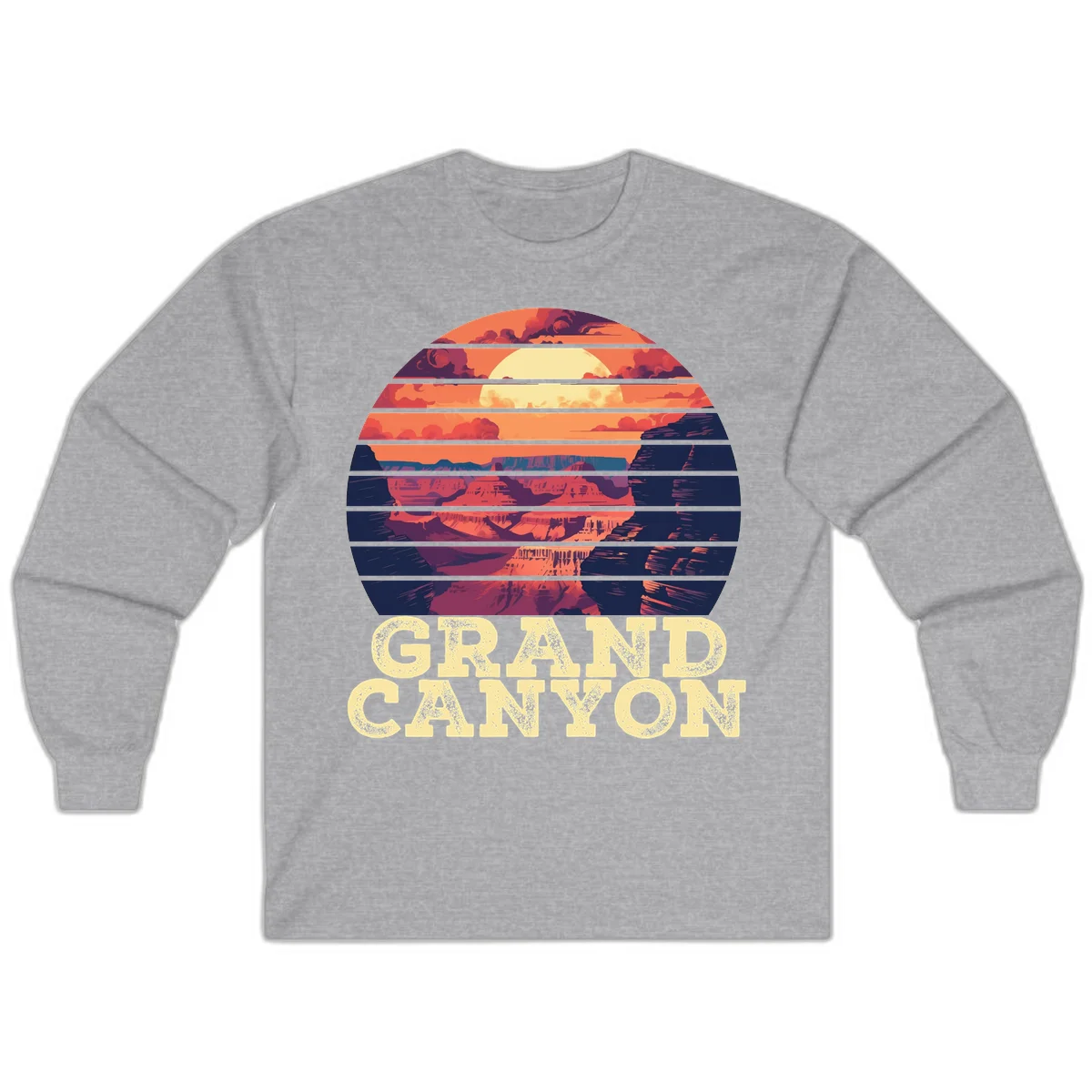Grand Canyon sunset landscape in horizontal stripes with warm orange and red tones fading to dark blue, featuring distressed GRAND CANYON text in Sport Grey