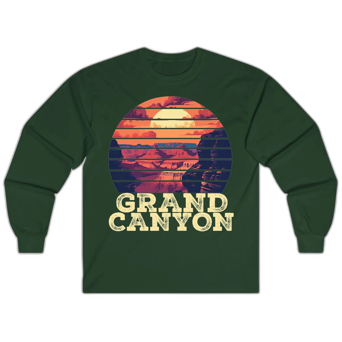 Grand Canyon sunset landscape in horizontal stripes with warm orange and red tones fading to dark blue, featuring distressed GRAND CANYON text in Forest Green