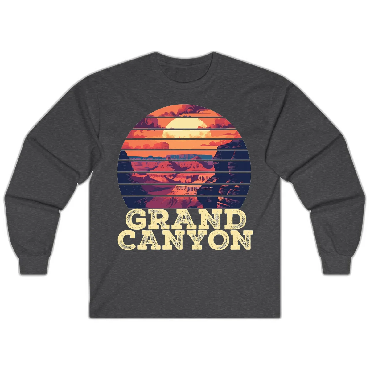 Grand Canyon sunset landscape in horizontal stripes with warm orange and red tones fading to dark blue, featuring distressed GRAND CANYON text in Dark Heather