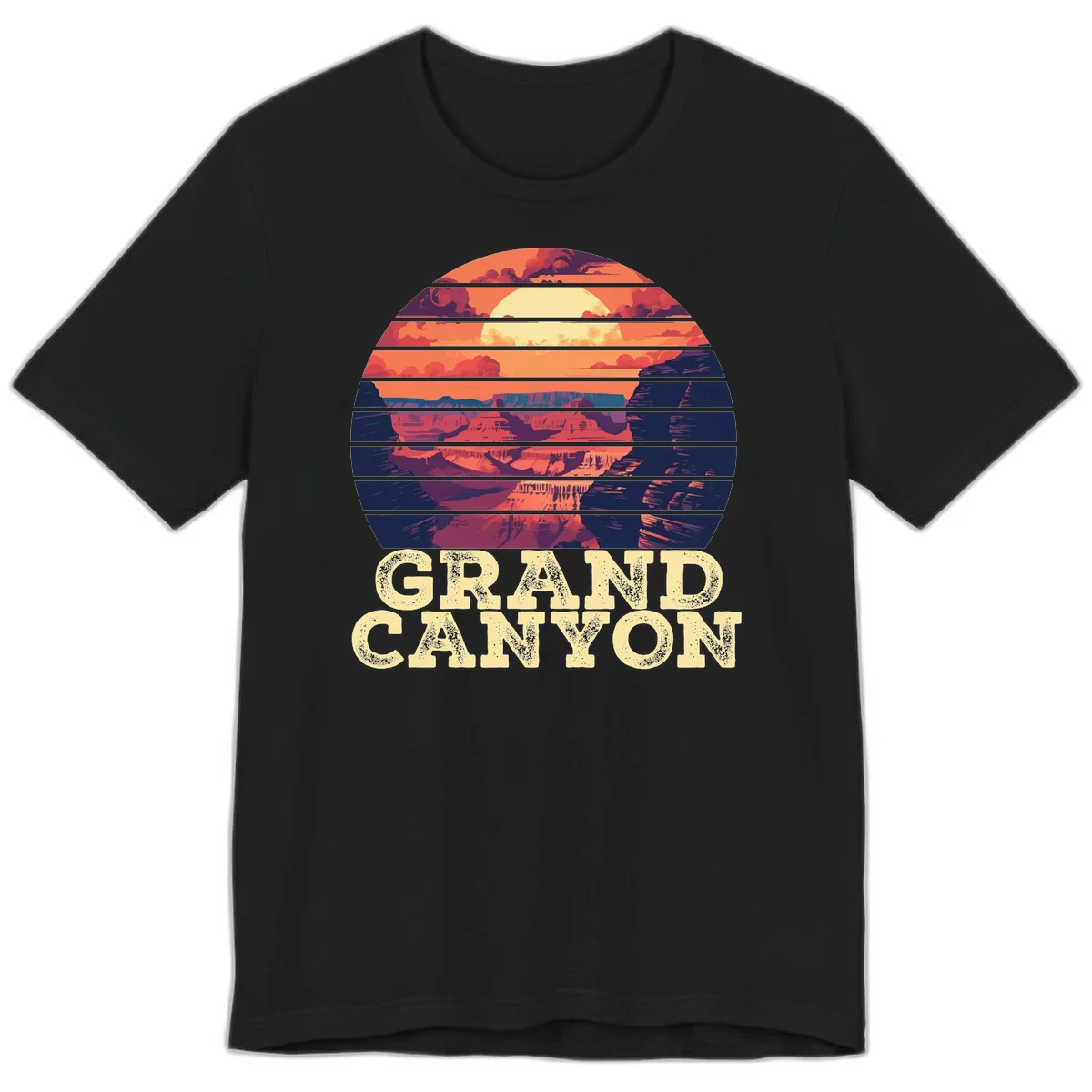 Grand Canyon sunset landscape in horizontal stripes with warm orange and red tones fading to dark blue, featuring distressed GRAND CANYON text in Black