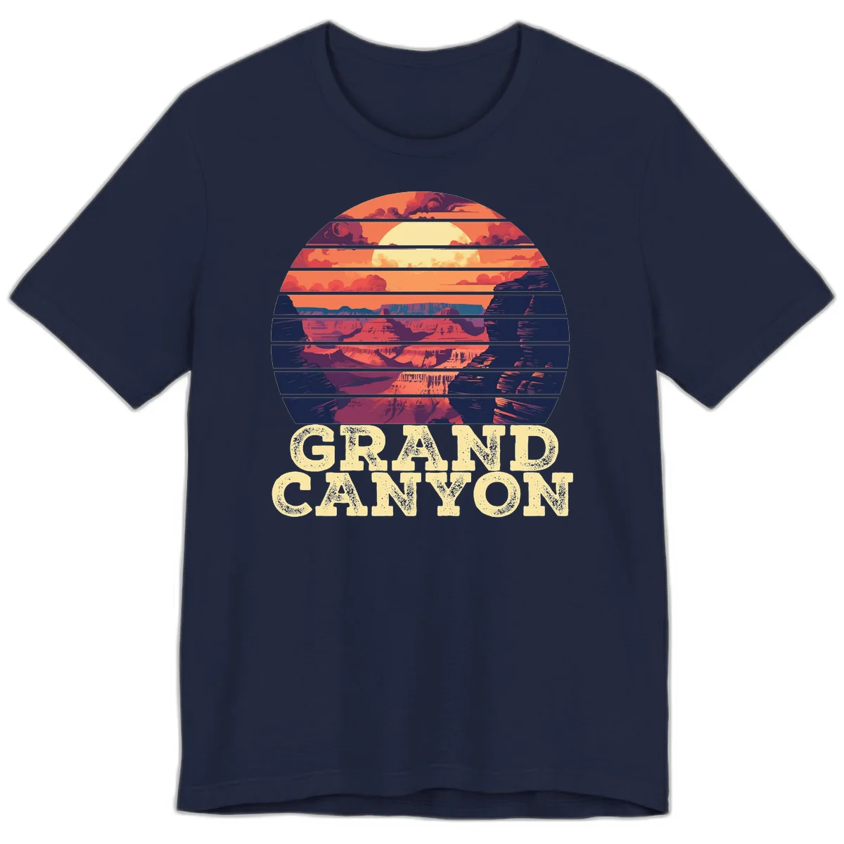 Grand Canyon sunset landscape in horizontal stripes with warm orange and red tones fading to dark blue, featuring distressed GRAND CANYON text in Navy