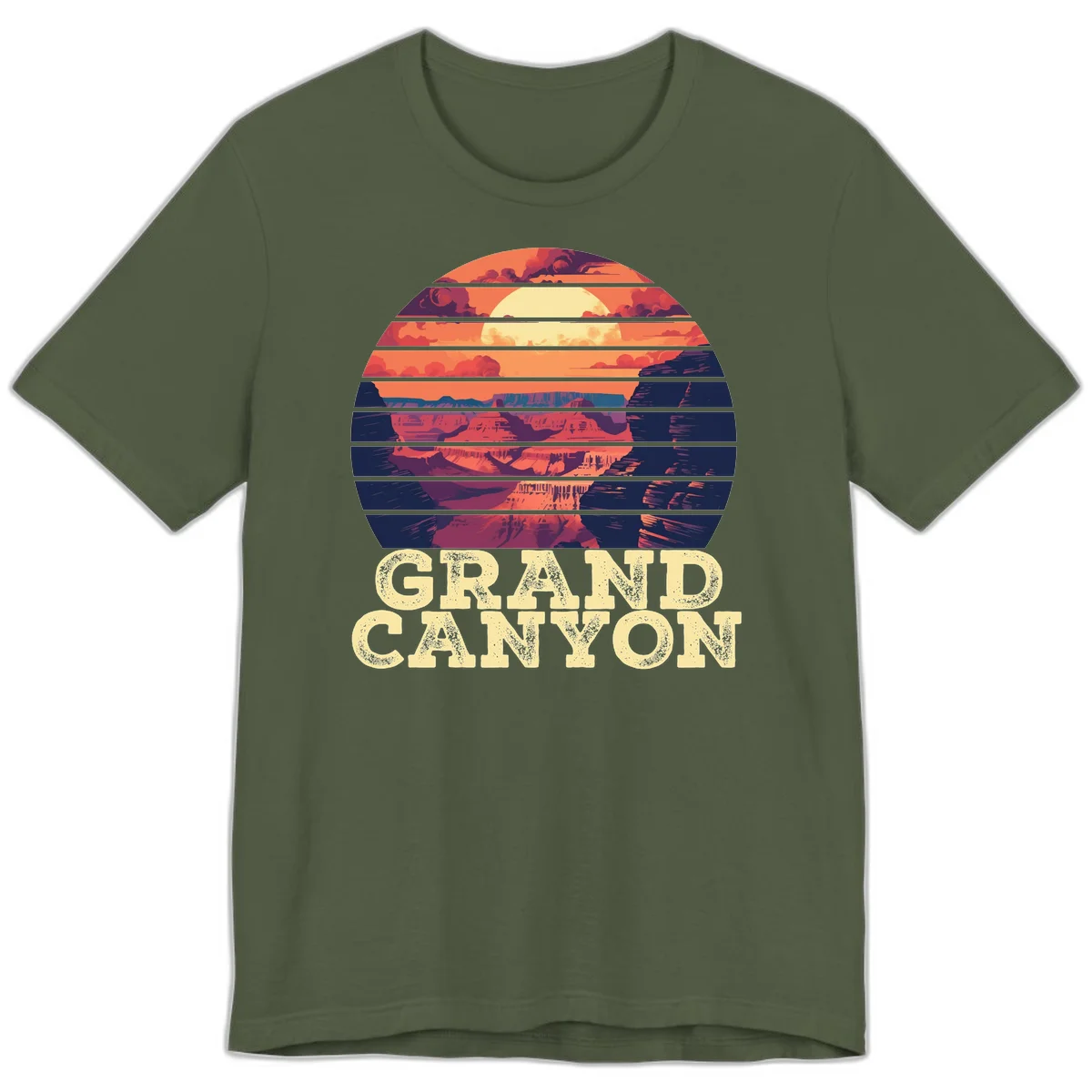 Grand Canyon sunset landscape in horizontal stripes with warm orange and red tones fading to dark blue, featuring distressed GRAND CANYON text in Military Green