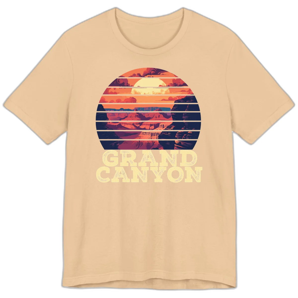 Grand Canyon sunset landscape in horizontal stripes with warm orange and red tones fading to dark blue, featuring distressed GRAND CANYON text in Sand Dune