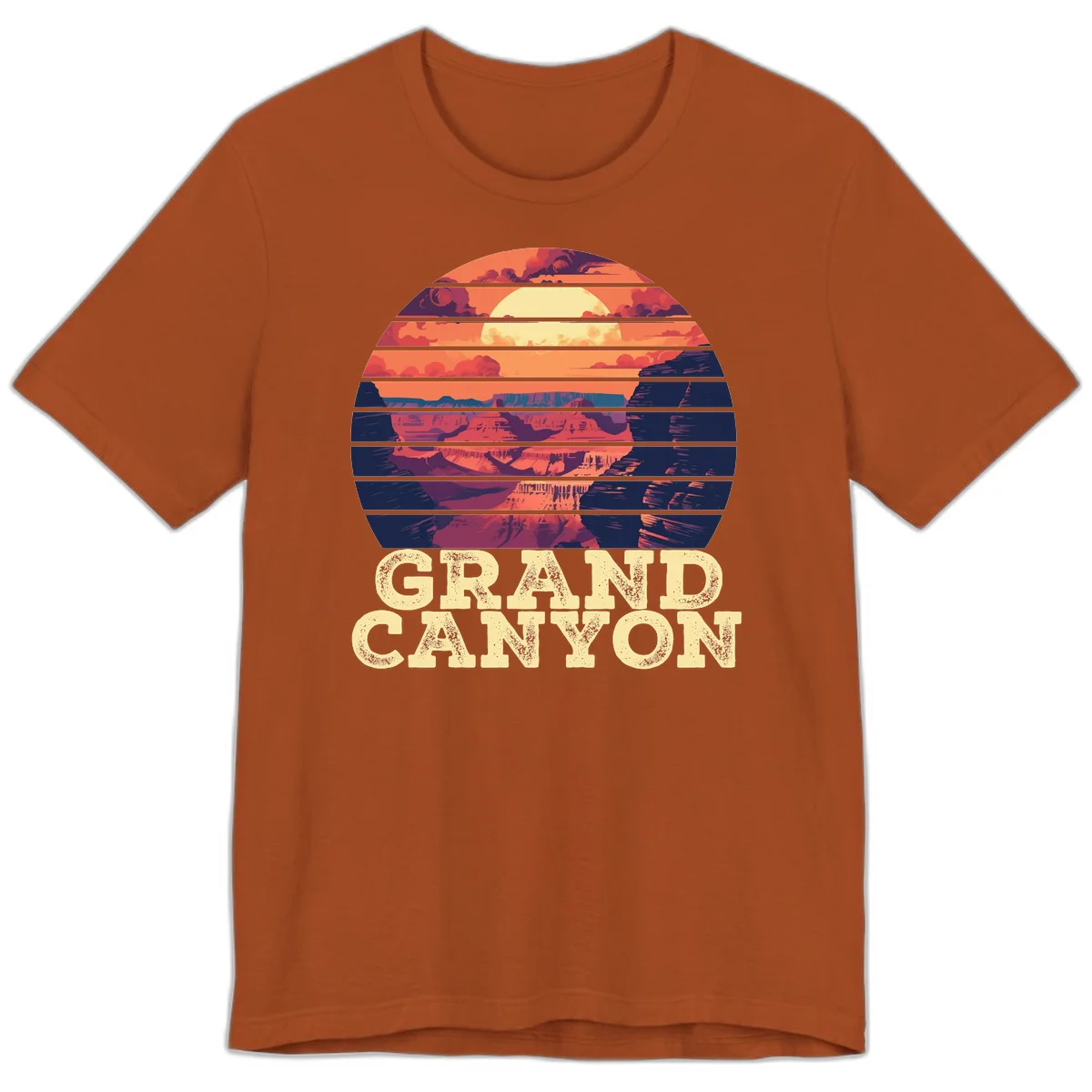 Grand Canyon sunset landscape in horizontal stripes with warm orange and red tones fading to dark blue, featuring distressed GRAND CANYON text in Autumn