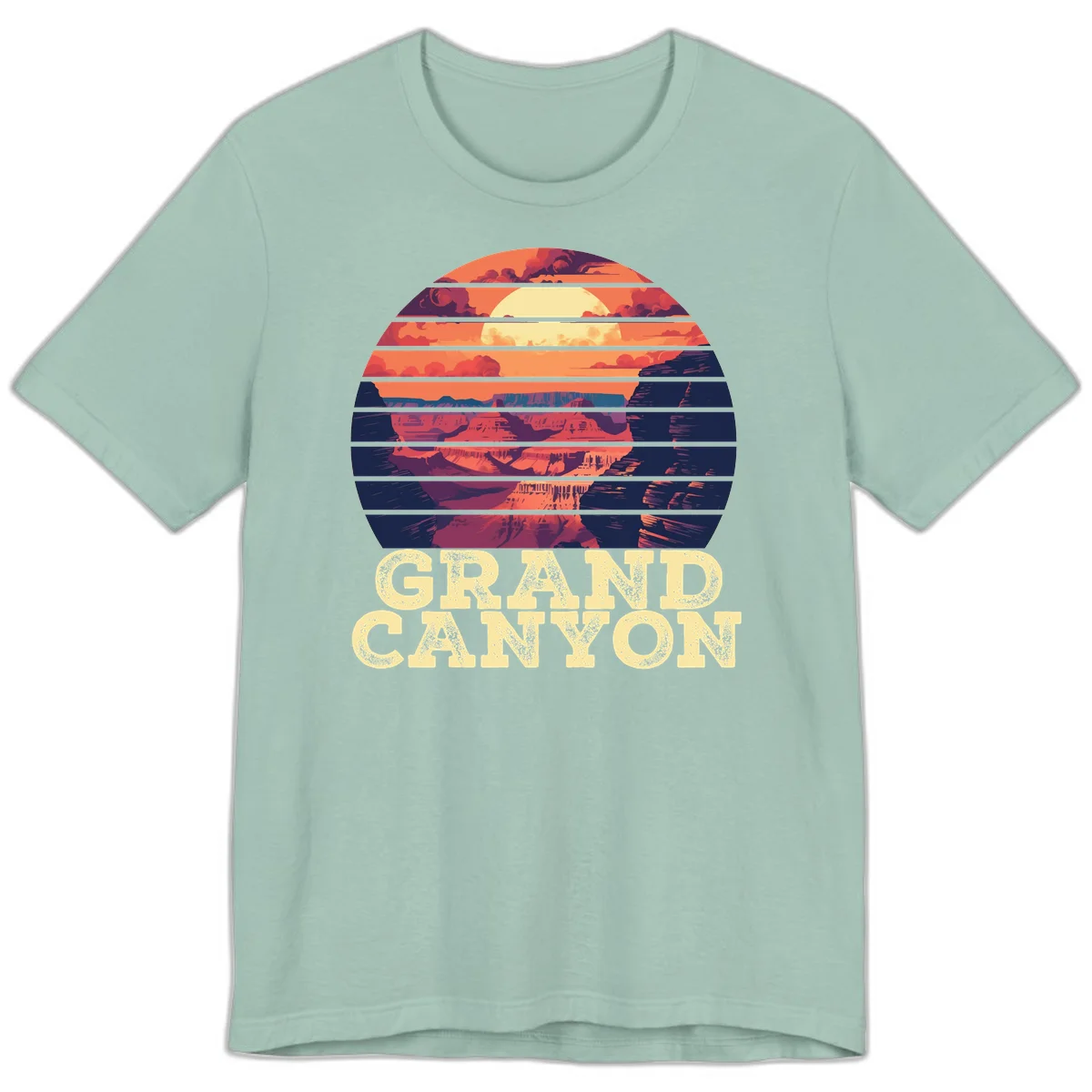 Grand Canyon sunset landscape in horizontal stripes with warm orange and red tones fading to dark blue, featuring distressed GRAND CANYON text in Dusty Blue