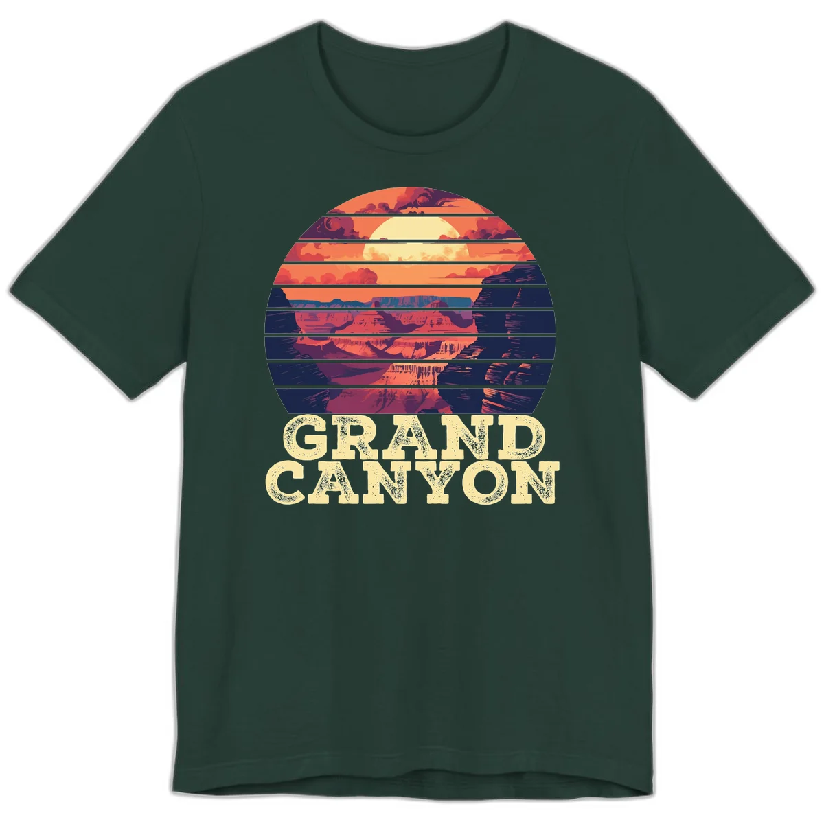 Grand Canyon sunset landscape in horizontal stripes with warm orange and red tones fading to dark blue, featuring distressed GRAND CANYON text in Forest