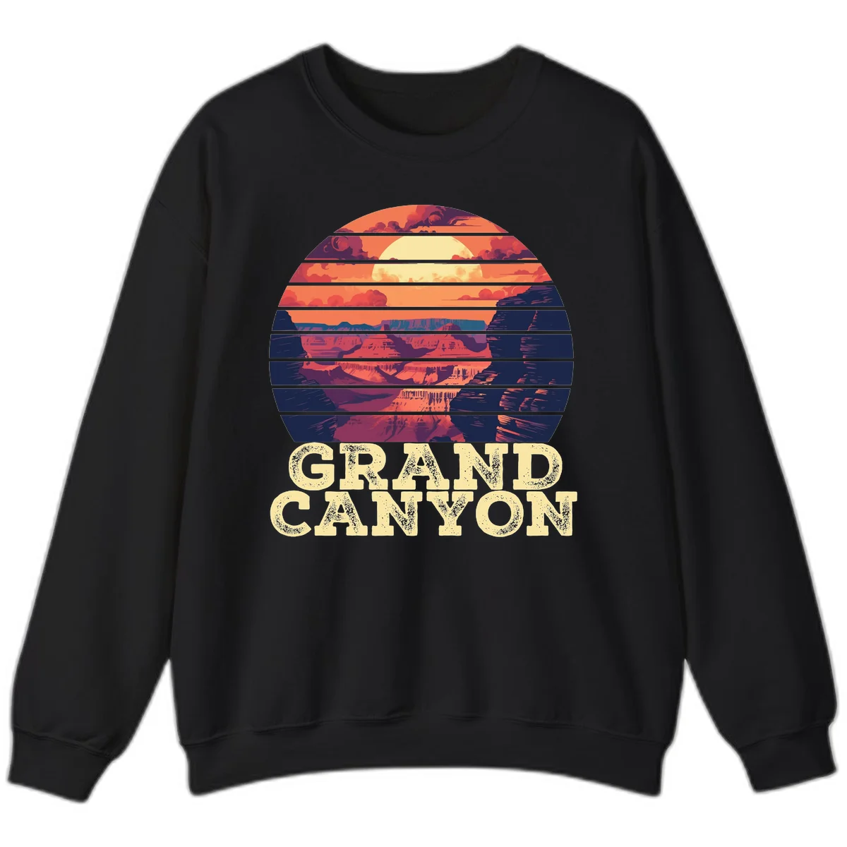 Grand Canyon sunset landscape in horizontal stripes with warm orange and red tones fading to dark blue, featuring distressed GRAND CANYON text in Black