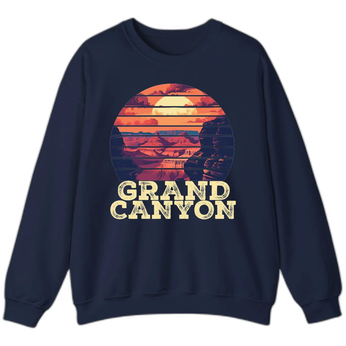 Grand Canyon sunset landscape in horizontal stripes with warm orange and red tones fading to dark blue, featuring distressed GRAND CANYON text in Navy