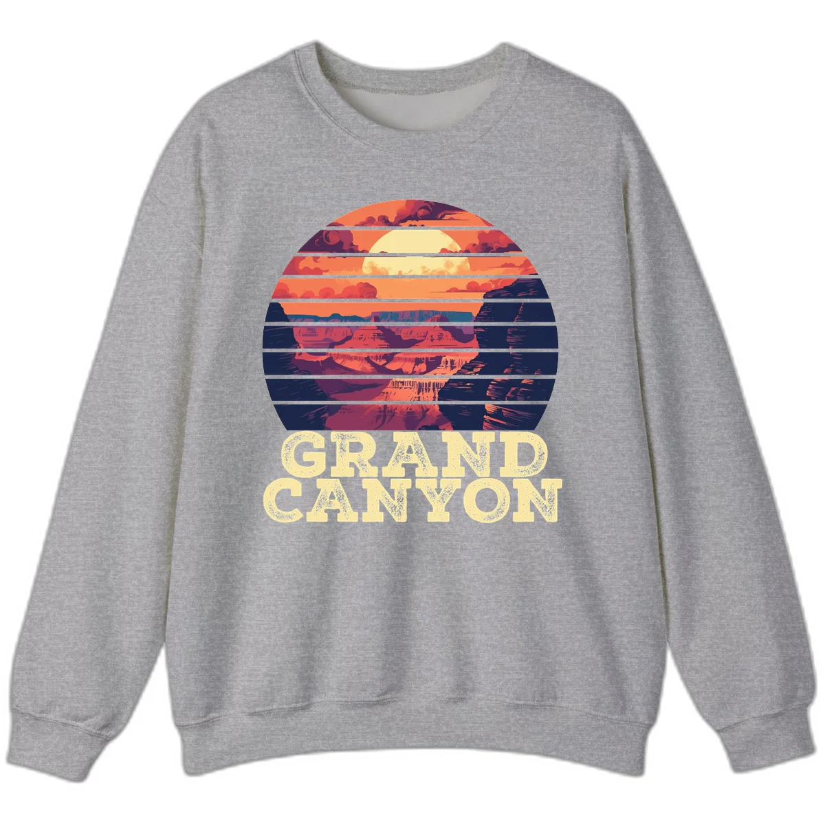 Grand Canyon sunset landscape in horizontal stripes with warm orange and red tones fading to dark blue, featuring distressed GRAND CANYON text in Sport Grey