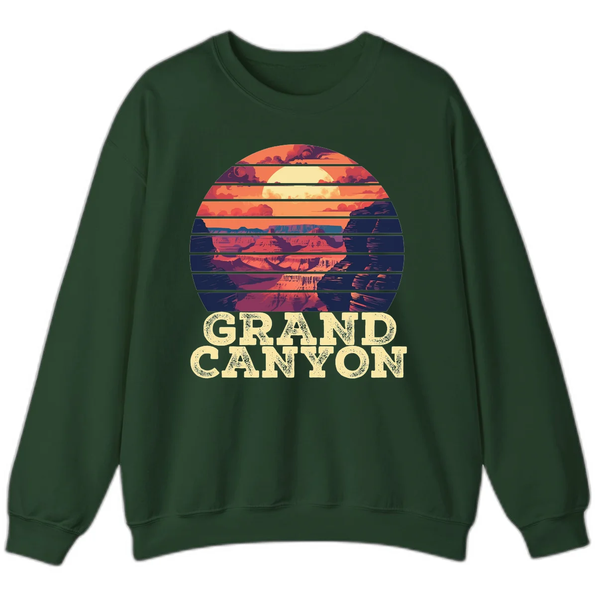 Grand Canyon sunset landscape in horizontal stripes with warm orange and red tones fading to dark blue, featuring distressed GRAND CANYON text in Forest Green