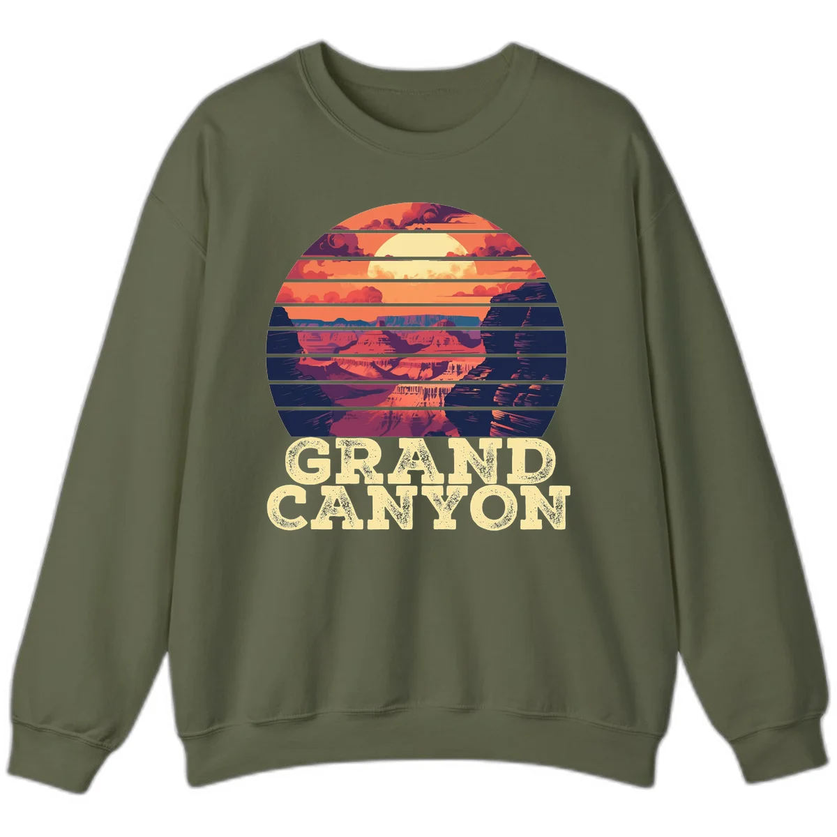 Grand Canyon sunset landscape in horizontal stripes with warm orange and red tones fading to dark blue, featuring distressed GRAND CANYON text in Military Green