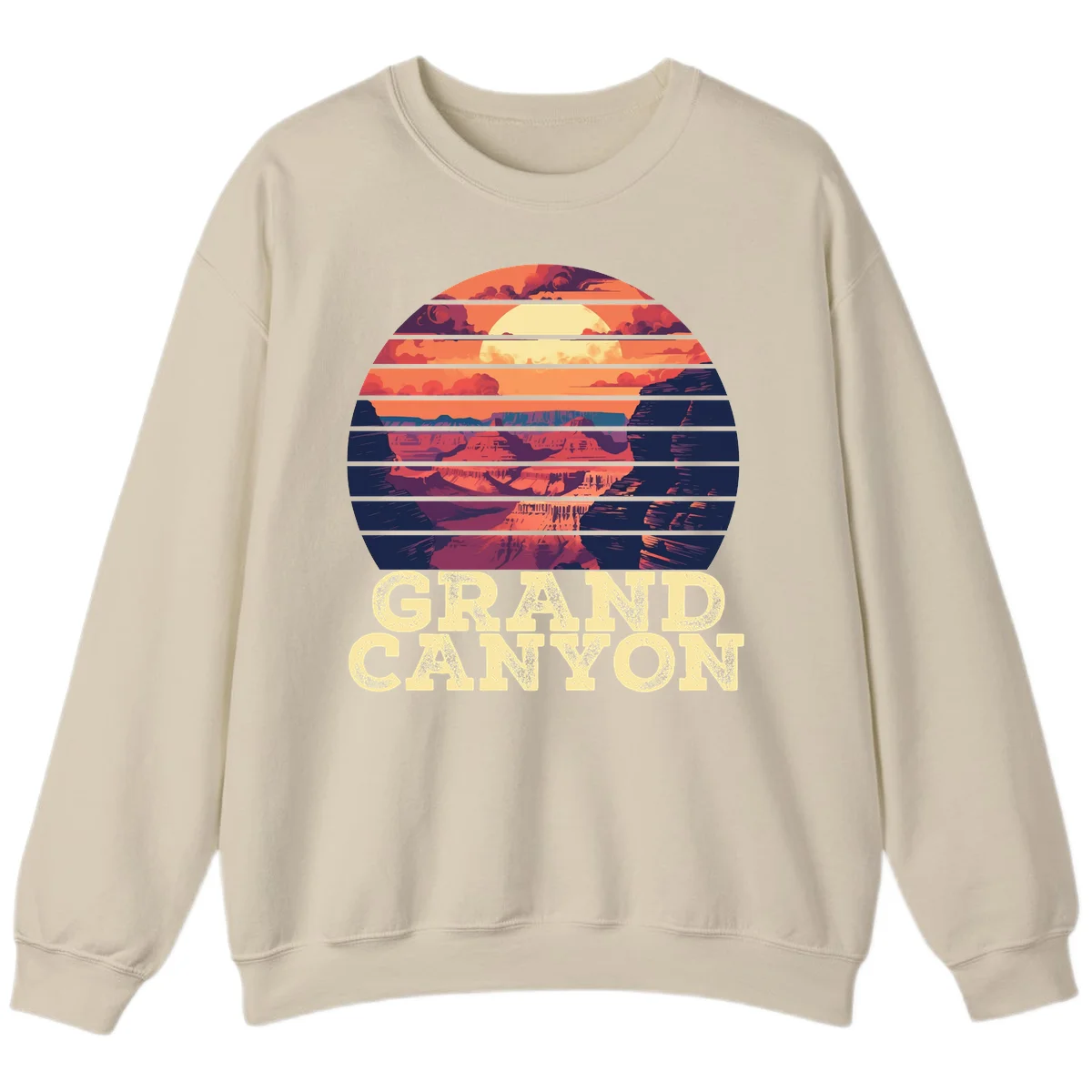 Grand Canyon sunset landscape in horizontal stripes with warm orange and red tones fading to dark blue, featuring distressed GRAND CANYON text in Sand