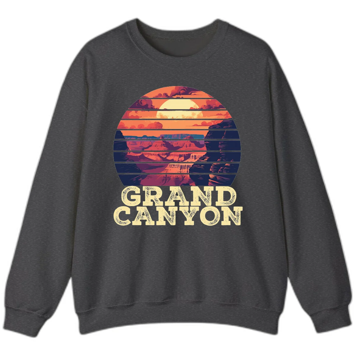 Grand Canyon sunset landscape in horizontal stripes with warm orange and red tones fading to dark blue, featuring distressed GRAND CANYON text in Dark Heather