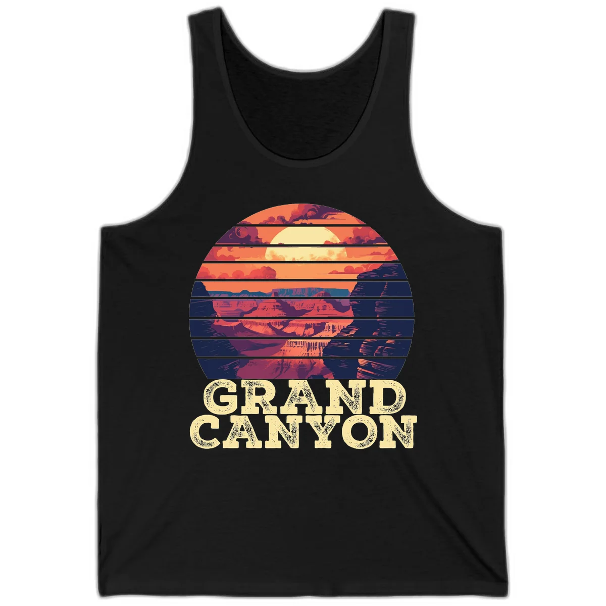 Grand Canyon sunset landscape in horizontal stripes with warm orange and red tones fading to dark blue, featuring distressed GRAND CANYON text in Black