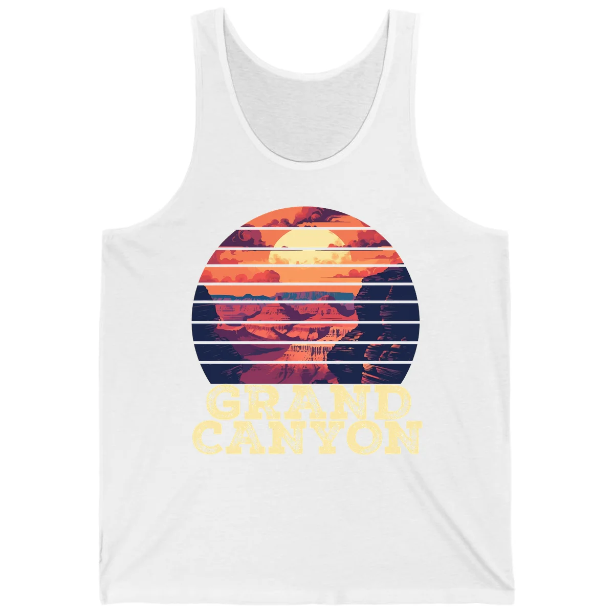 Grand Canyon sunset landscape in horizontal stripes with warm orange and red tones fading to dark blue, featuring distressed GRAND CANYON text in White