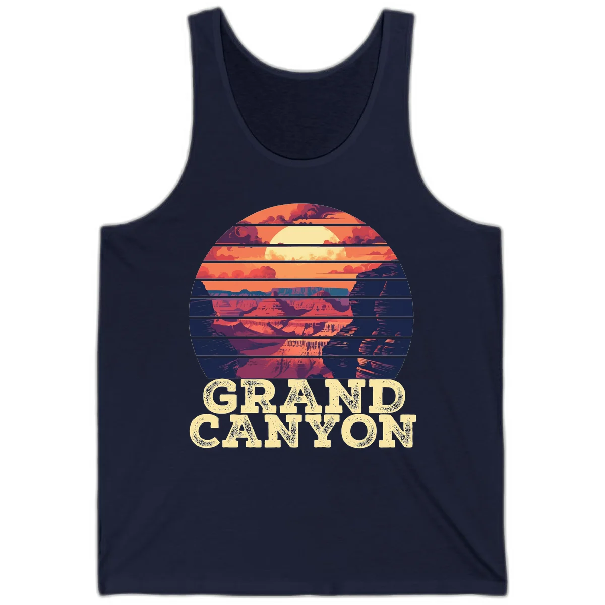 Grand Canyon sunset landscape in horizontal stripes with warm orange and red tones fading to dark blue, featuring distressed GRAND CANYON text in Navy