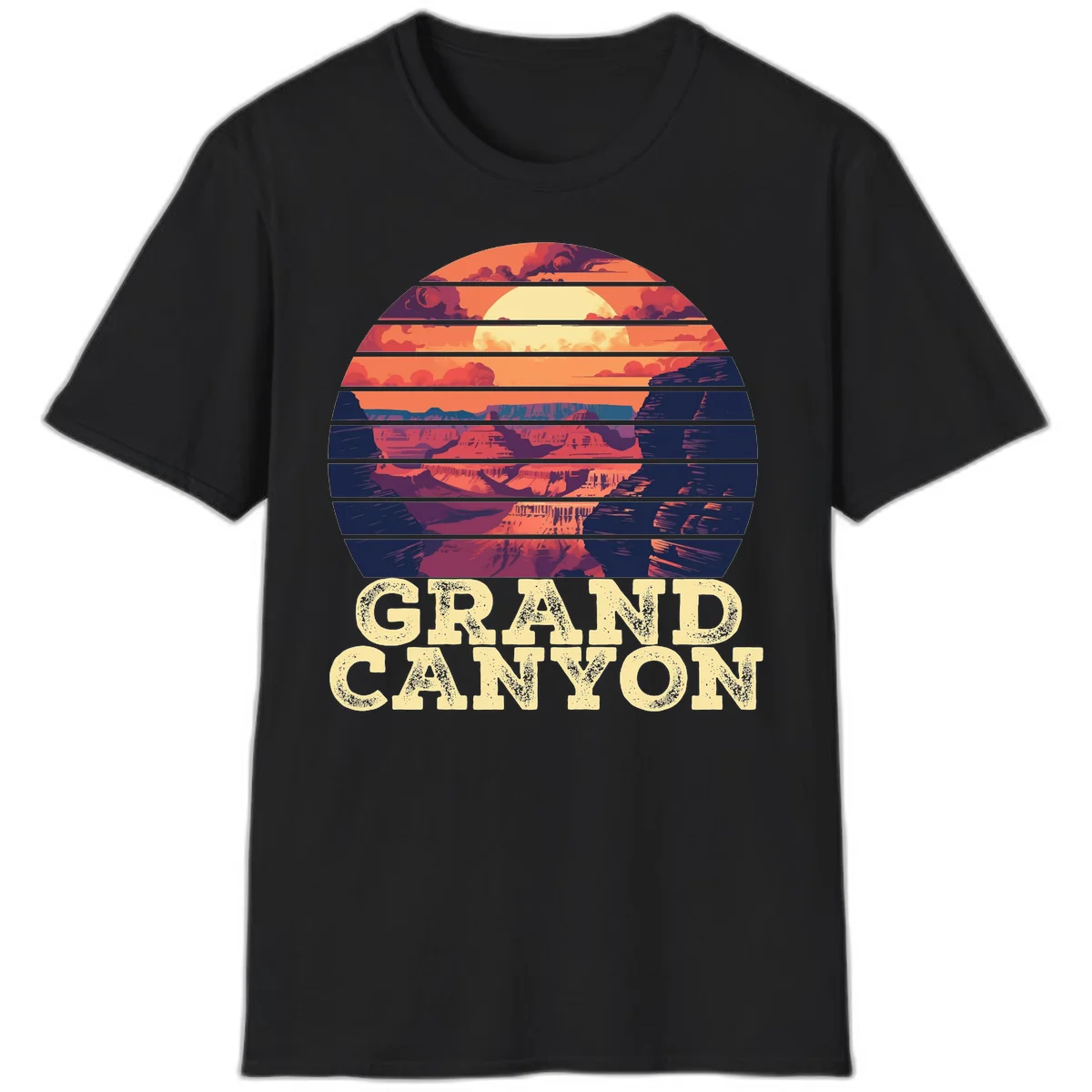 Grand Canyon sunset landscape in horizontal stripes with warm orange and red tones fading to dark blue, featuring distressed GRAND CANYON text in Black