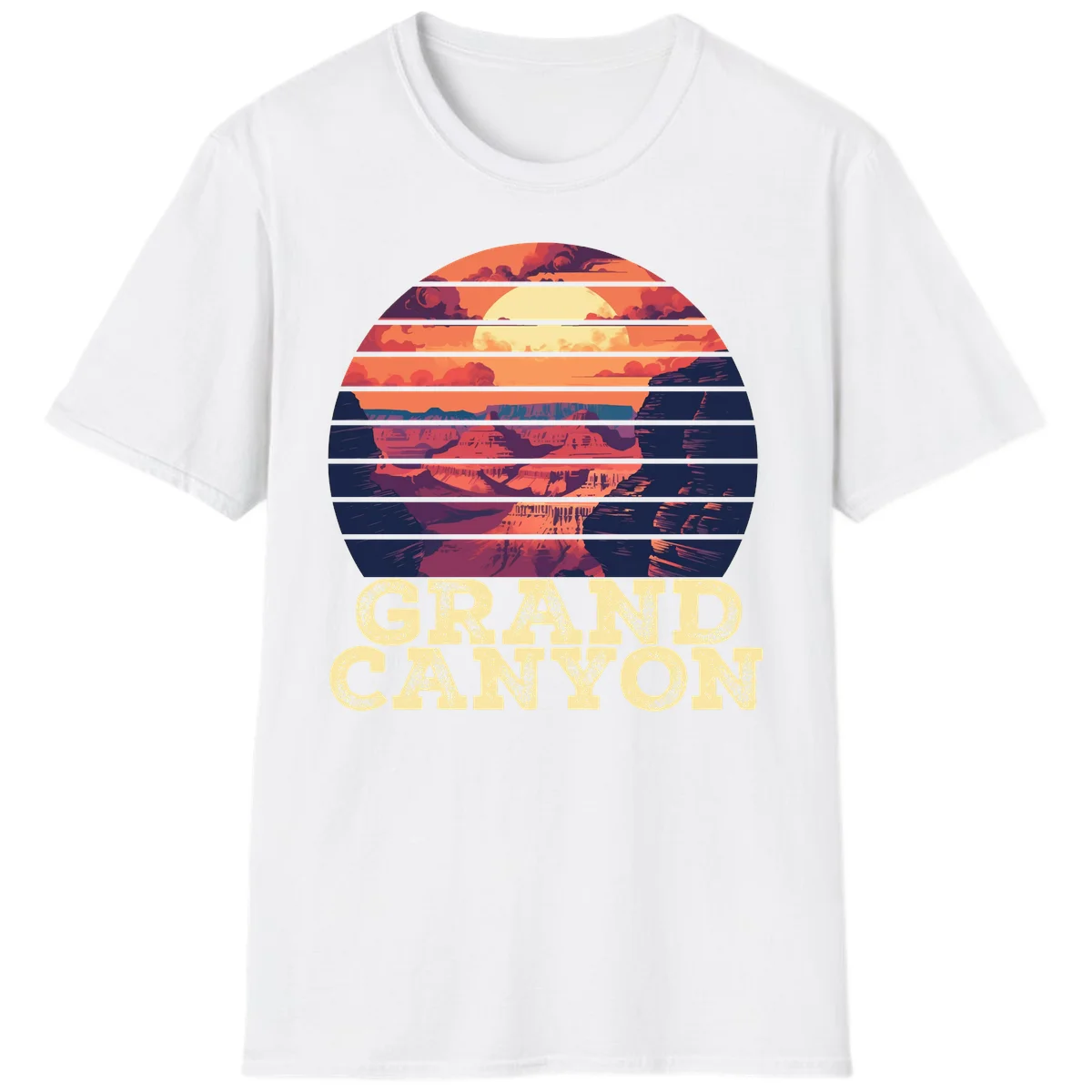 Grand Canyon sunset landscape in horizontal stripes with warm orange and red tones fading to dark blue, featuring distressed GRAND CANYON text in White