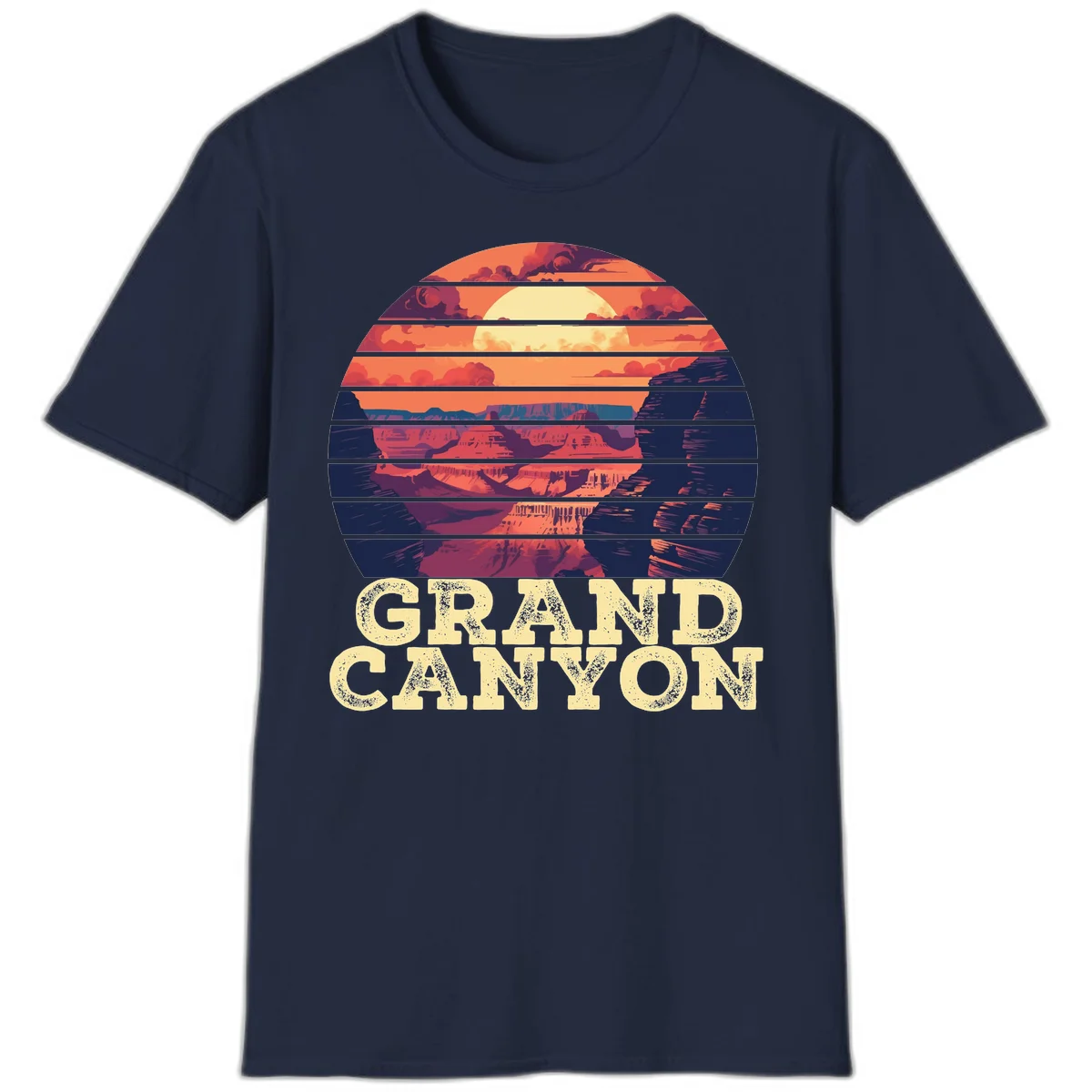 Grand Canyon sunset landscape in horizontal stripes with warm orange and red tones fading to dark blue, featuring distressed GRAND CANYON text in Navy